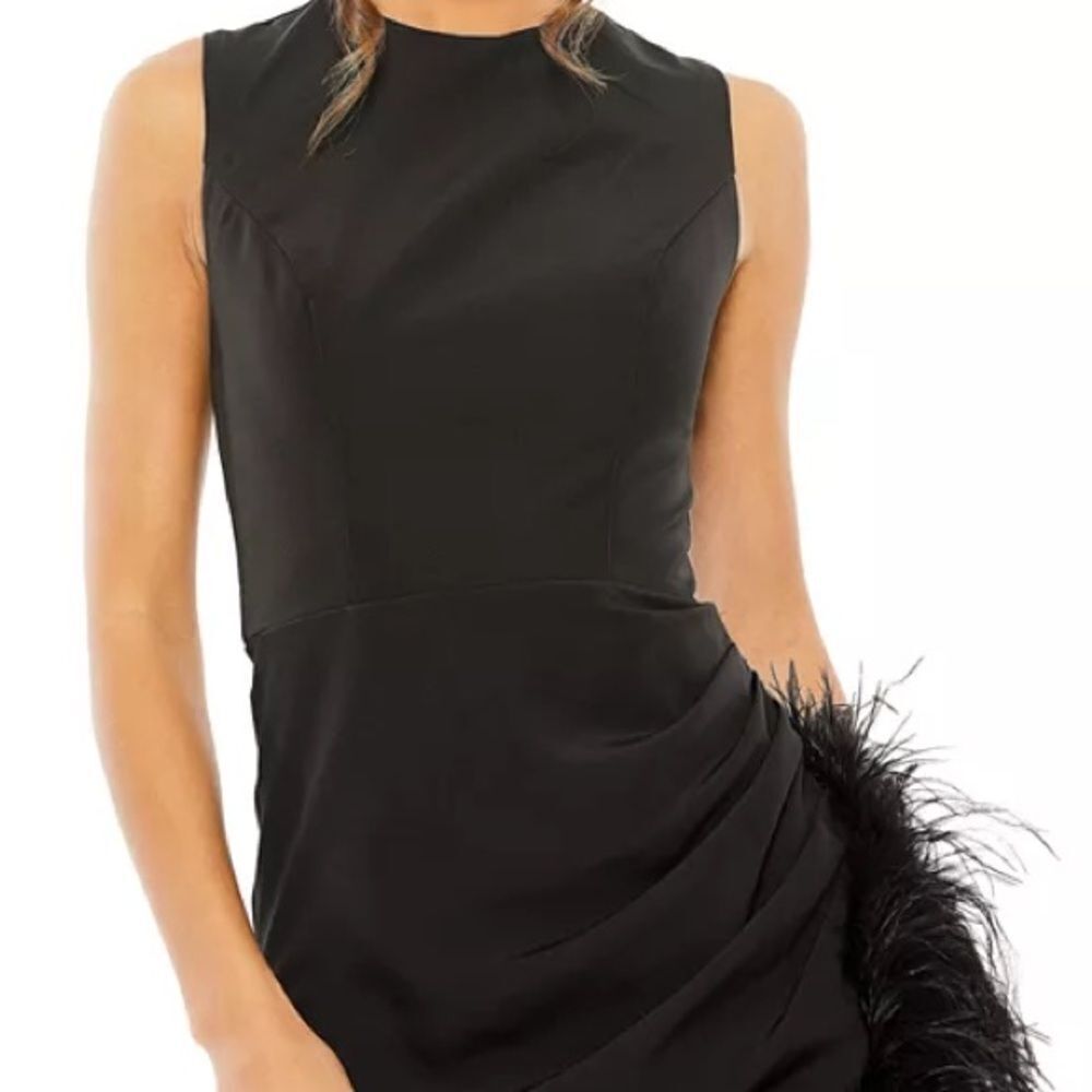 MAC DUGGAL 11626 Black Sleeveless Faux Wrap Dress with Feather Detail - Picture 3 of 12